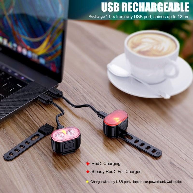 USB Rechargeable Bike Light Set Front Rear LED Waterproof
